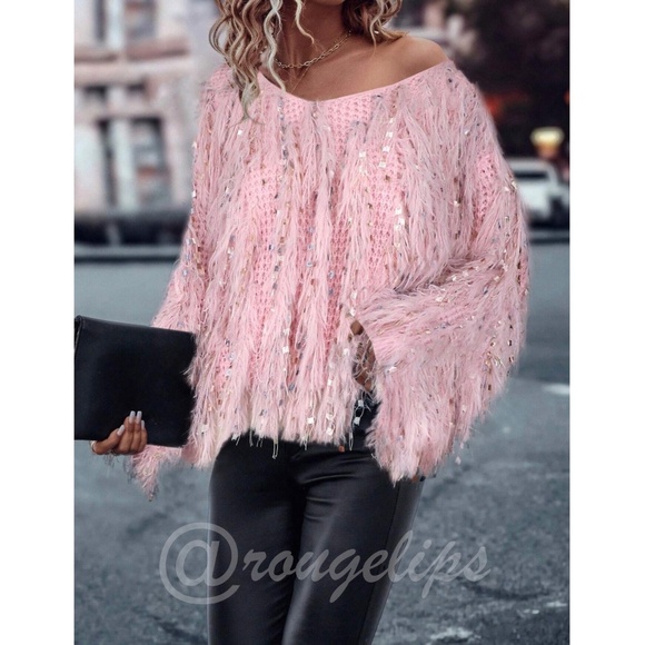 Fun Fuzzy Embellished Pullover Sweater V-Neck Pink Soft and Stretchy Knit - Picture 3 of 11